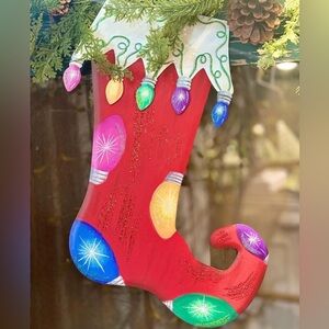 Festive Red Christmas Metal Stocking with Colorful Lights Hang or Stake Outdoors